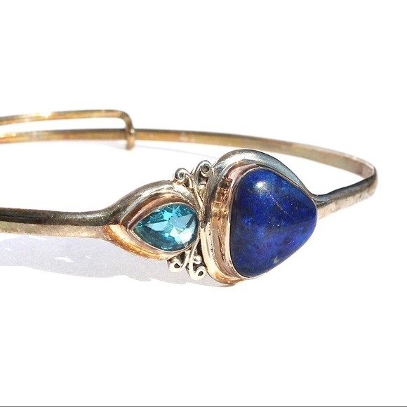 Lapis Lazuli & Blue Glass Sterling Silver Expandable Bangle Bracelet Adjustable - Picture 2 of 5